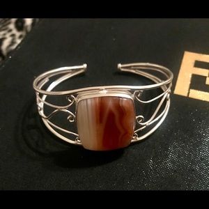 Slice Agate Gemstone Silver Plated Cuff Bangle